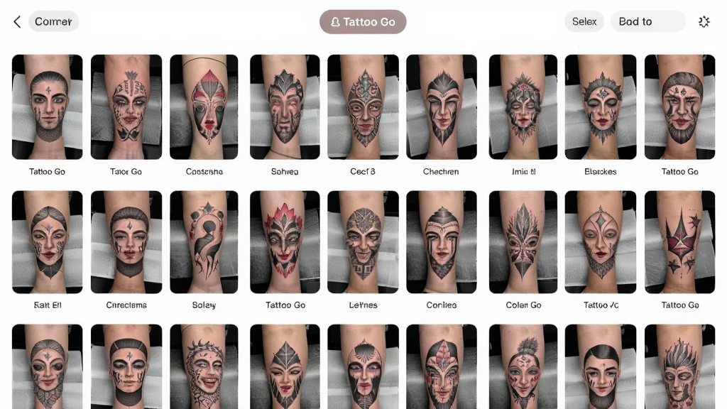 主体为Tattoo Go应用内纹身作品集网格展示页面,布局为三列网格排列多个纹身照片缩略图,排版为整齐的图片墙样式,风格为现代相册管理应用风,细节包括每张缩略图下方有纹身风格标签文字、顶部有筛选按钮、整体色调柔和,画质为高清、干净、无多余元素