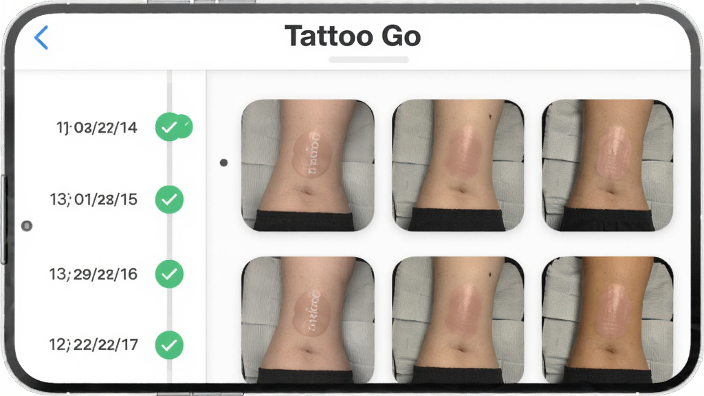 主体为Tattoo Go应用内纹身恢复时间线界面,布局为左侧显示日期列表右侧显示对应恢复照片缩略图,排版为分栏式信息流,风格为清爽医疗健康类应用界面风,细节包括时间轴节点用绿色对勾标记、照片缩略图边缘圆角处理、顶部有Tattoo Go文字标识,画质为高清、干净、无多余元素