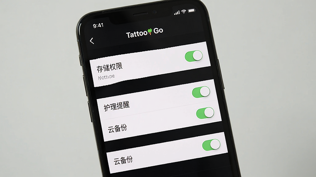 主体为手机屏幕显示Tattoo Go应用设置页面,布局为纵向列表排列多个设置选项,排版为清晰的设置菜单样式,风格为简洁工具类应用界面,细节包括“存储权限”“护理提醒”“云备份”等选项文字清晰可见、右侧有开关按钮、顶部有Tattoo Go标题,画质为高清、干净、无多余元素