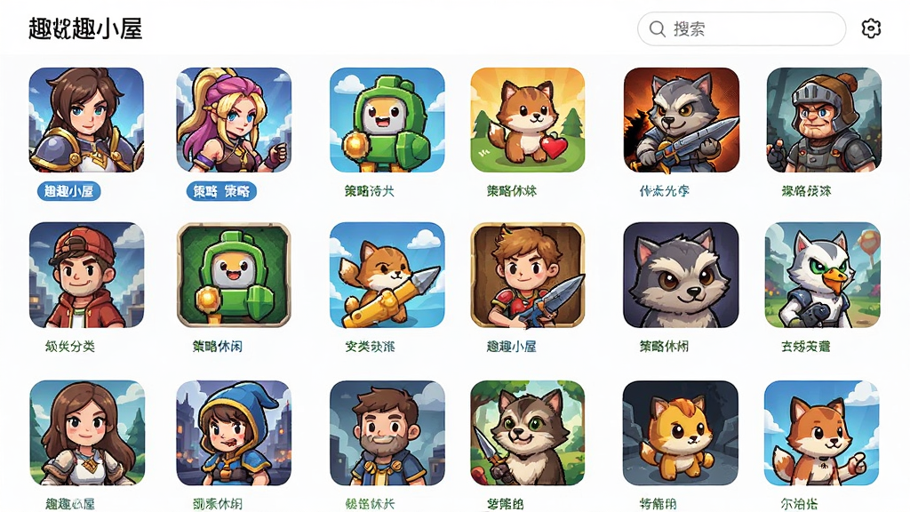 趣趣小屋海量游戏资源库展示界面,画面以网格形式排列大量游戏图标,涵盖角色扮演、策略、休闲、动作等类型,布局采用三列或多列网格排版,风格为清新明亮的扁平化设计,细节包括游戏封面缩略图、分类标签、搜索框等,画质高清,干净整洁,无多余元素
