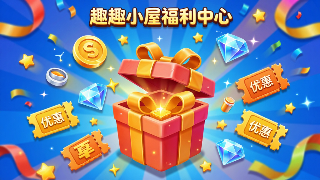 趣趣小屋福利中心界面,画面中央展示一个打开的礼物盒,周围漂浮着金币、钻石、优惠券等虚拟奖励图标,布局采用中心放射状排版,风格为喜庆热闹的卡通风格,细节包括彩带、星星、闪光效果等,画质高清,干净整洁,无多余元素