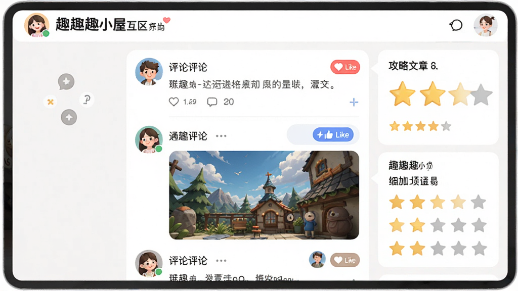 趣趣小屋社区互动界面,画面展示用户评论、攻略文章和评分星级,布局采用信息流式排版,风格为友好活泼的社交风格,细节包括用户头像、点赞按钮、评论气泡等,画质高清,干净整洁,无多余元素