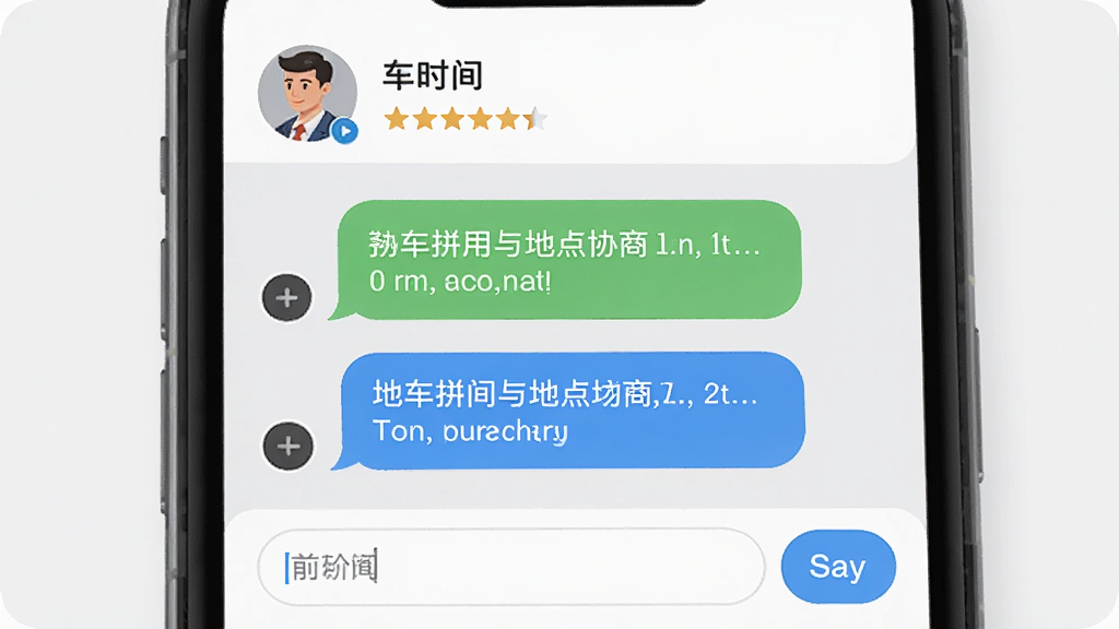 拼车软件聊天沟通界面,手机屏幕显示对话气泡,内容为拼车时间与地点协商,顶部显示车主头像与信用评分,底部有输入框与发送按钮,背景为浅灰色,界面简洁友好,画质干净,无多余元素。