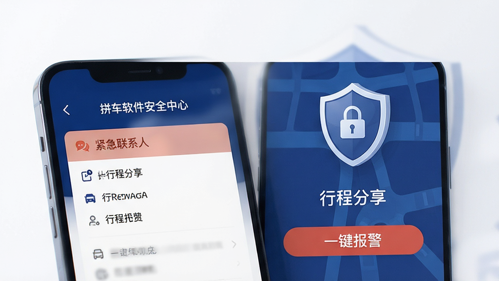 拼车软件安全中心界面,手机屏幕显示紧急联系人设置、行程分享、一键报警按钮,背景有盾牌安全图标,配色为深蓝色与白色,风格稳重可靠,画质干净,无多余元素。