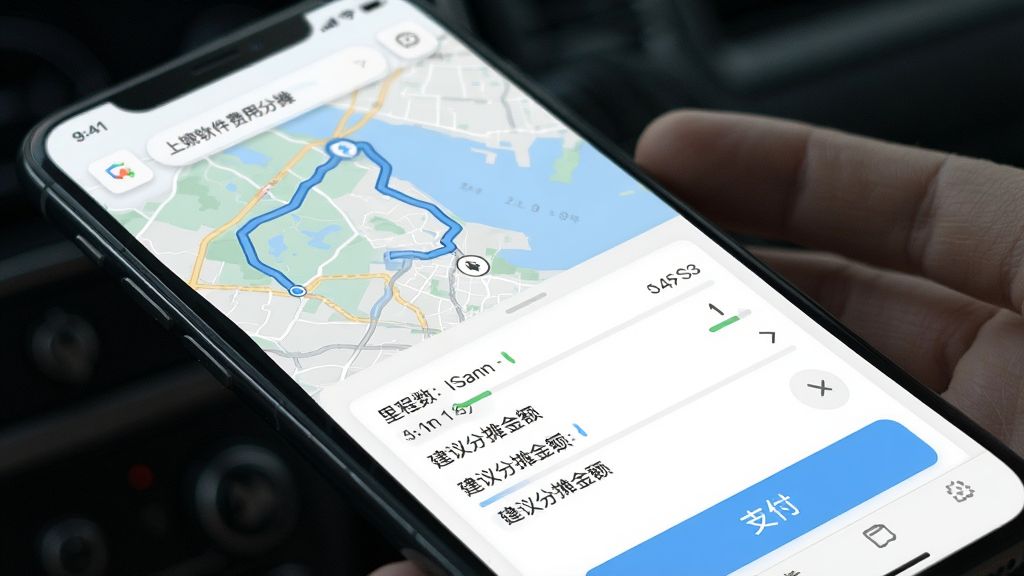 拼车软件费用分摊界面,手机屏幕显示行程路线图与费用明细列表,包含里程数、建议分摊金额、支付按钮,配色以白色和浅蓝色为主,排版整齐,画质清晰,无多余元素。