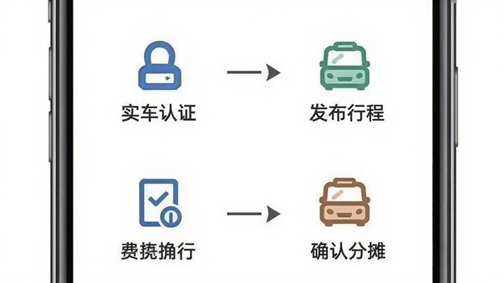拼车软件新手操作指引图,手机屏幕显示分步操作流程,包含实名认证、发布行程、确认同行、费用分摊四个步骤,每步配有图标与简短文字说明,背景为白色,风格简洁明了,画质清晰,无多余元素。