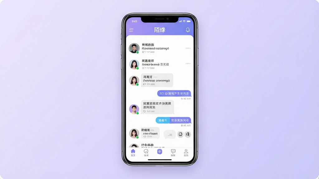 一张手机社交应用界面展示图,画面中央是一部竖屏智能手机,手机屏幕上显示