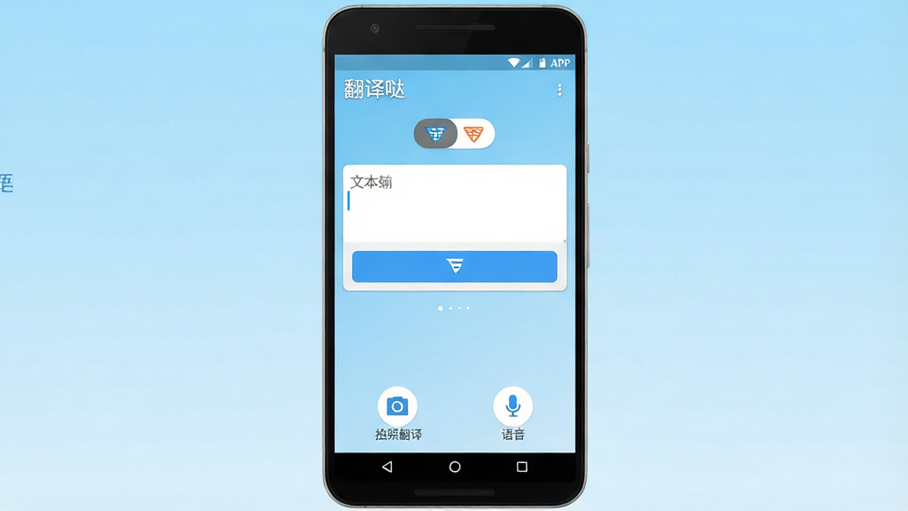一张展示翻译哒软件主界面的手机应用截图风格图片,画面中央为一部竖屏安卓手机,手机屏幕上显示翻译哒APP的首页,顶部有“翻译哒”中文名称和语言切换按钮,中间是文本输入框和翻译按钮,底部为拍照翻译与语音翻译的图标入口,背景为简洁的浅蓝色渐变,风格为扁平化UI设计,细节清晰,画质干净,无多余元素
