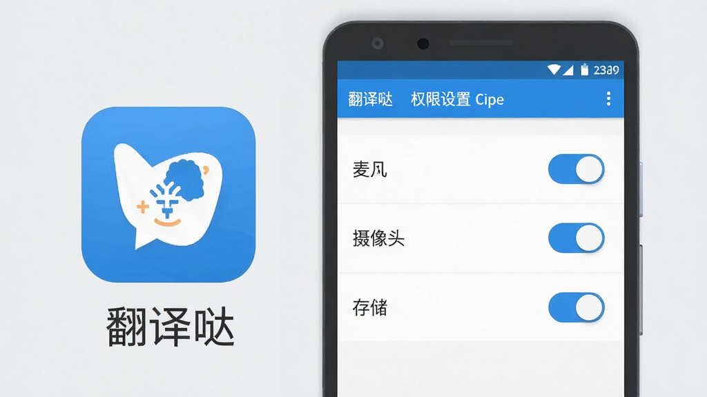 一张展示翻译哒在安卓手机上安装与权限设置界面的示意图,画面中手机屏幕显示应用权限管理页面,包含麦克风、摄像头、存储三项权限开关,旁边有翻译哒的应用图标和“翻译哒”文字标识,背景为简洁的浅灰色,风格为扁平化UI示意图,细节清晰,画质干净,无多余元素