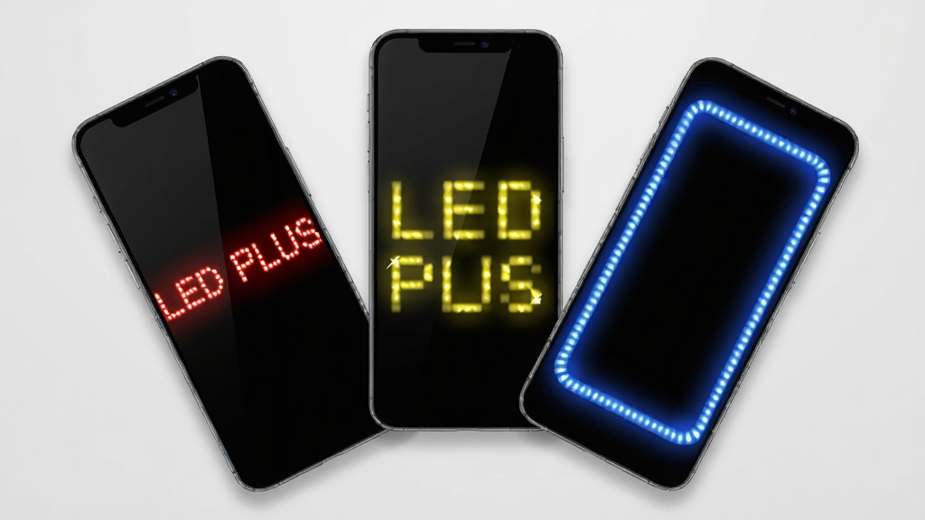 LED PLUS 功能展示图,画面主体为三台并排的智能手机,每台手机屏幕显示不同颜色的LED滚动文字效果,左侧手机显示红色横向滚动字幕,中间手机显示黄色闪烁文字,右侧手机显示蓝色渐变跑马灯边框,手机呈扇形排列于浅灰色背景上,风格干净明亮,排版错落有致,细节包含屏幕发光效果与轻微阴影,画质高清,无多余元素