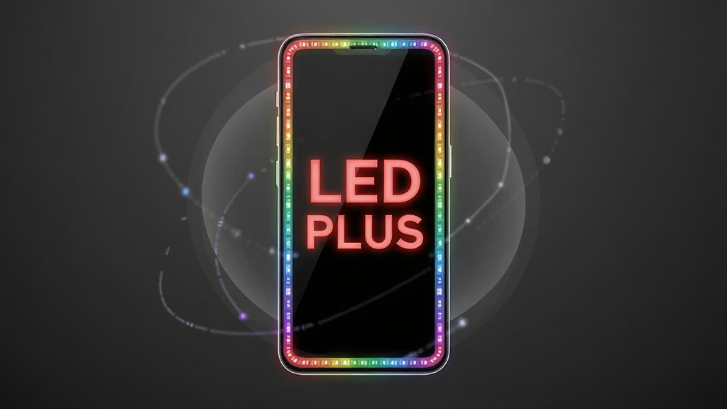 LED PLUS 手机应用主界面预览图,画面中央是一部竖屏智能手机,屏幕上显示大号红色发光文字“LED PLUS”,背景为深黑色,屏幕四周有彩色跑马灯边框效果,手机放置于深灰色渐变背景中央,周围环绕半透明光晕与科技感光线,整体风格简洁现代,排版居中对称,细节包含屏幕玻璃反光和轻微光晕,画质清晰干净,无多余元素,适合软件下载站展示