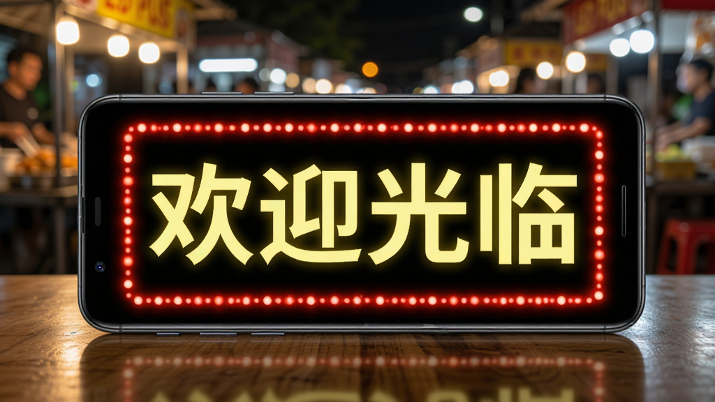 LED PLUS 手机横屏展示效果图,画面为一部横向放置的智能手机,屏幕全屏显示黄色大字“欢迎光临”并带有红色跑马灯边框,手机放置在木质桌面上,背景为模糊的夜市摊位灯光,风格真实生活化,排版以手机屏幕为视觉中心,细节包含屏幕高亮发光与桌面倒影,画质清晰,无多余元素