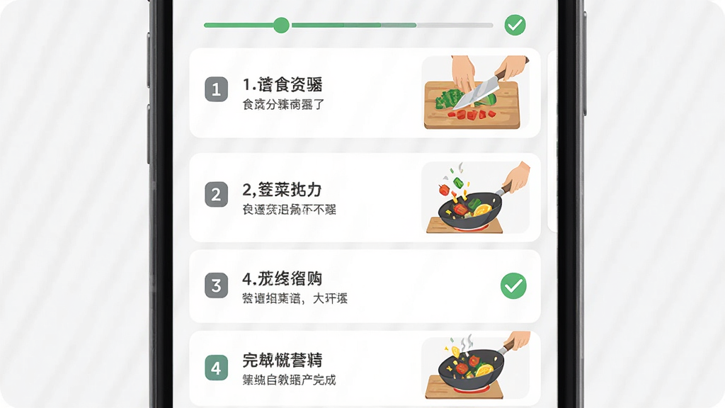 食谱分步学应用内的分步教学界面,画面主体为手机屏幕展示菜谱步骤列表,每一步带有编号和简短说明,旁边搭配切菜、翻炒等操作插图,布局采用上下滚动式排版,风格扁平化设计,细节包含步骤进度条和完成勾选标记,画质高清,干净,无多余元素