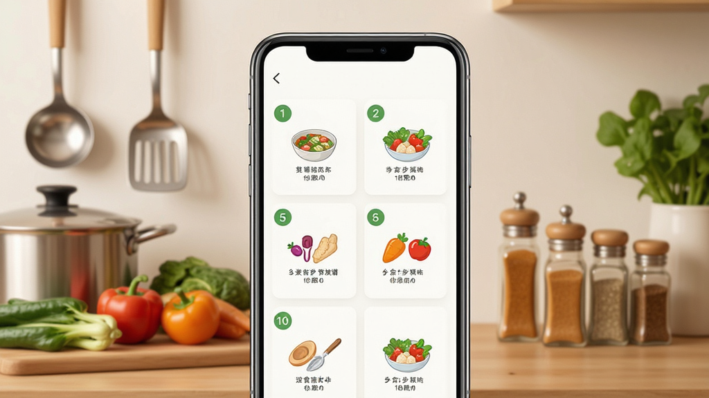 食谱分步学手机应用主界面展示,画面中央是一部智能手机,屏幕显示菜谱分步教学页面,有步骤序号和食材图标,背景为温馨厨房场景,布局简洁清晰,排版突出应用界面,风格清新现代,细节包含锅铲、蔬菜、调味瓶等元素,画质高清,干净,无多余元素
