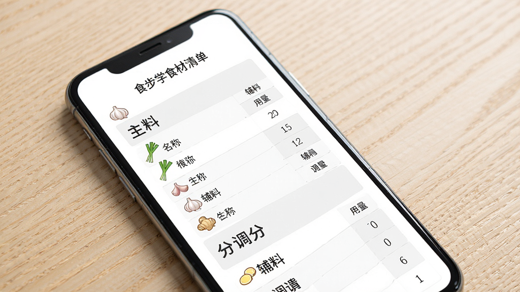 食谱分步学食材清单页面展示,手机屏幕显示食材表格,包含主料、辅料、调料分类,每项有名称和用量数字,背景为浅色木纹桌面,布局整洁有序,风格简约实用,细节包含小葱、大蒜、生姜等食材图标点缀,画质高清,干净,无多余元素
