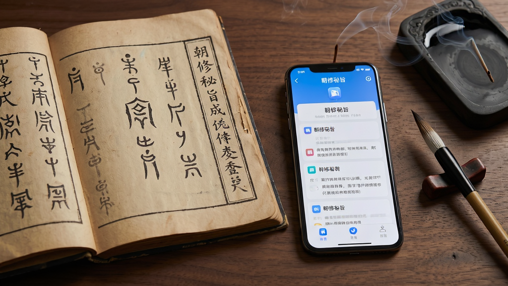 画面主体为一本摊开的古籍与一部现代智能手机并排摆放于木质桌面,古籍书页上隐约可见道家符文与文字,手机屏幕亮起显示朝修秘旨应用界面,布局采用左右对比构图,风格为写实中国风,细节包括毛笔、砚台、檀香烟雾缭绕,画质高清,干净整洁,无多余元素。