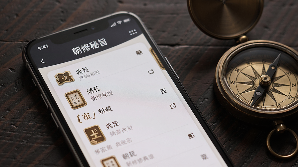 手机屏幕特写,屏幕中显示朝修秘旨应用内的典籍列表界面,背景为深色木质纹理,手机旁放置一枚古铜色罗盘,风格为静物摄影,细节清晰展现应用界面文字与图标,画质细腻,光线柔和,干净无杂物。