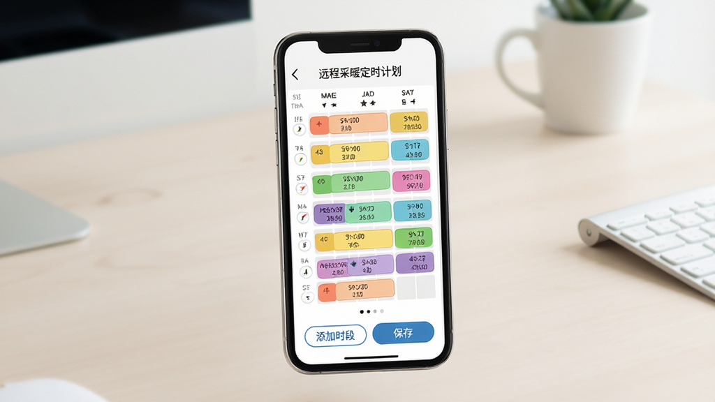 远程采暖定时计划设置界面,手机屏幕显示一周七天的供暖日程表,每天有多个彩色时间段标记,分别对应不同的温度设定值,界面下方有添加时段和保存按钮,背景是简洁的浅色办公桌面,整体布局规整,风格清新明快,细节精致,画质高清,干净无多余元素