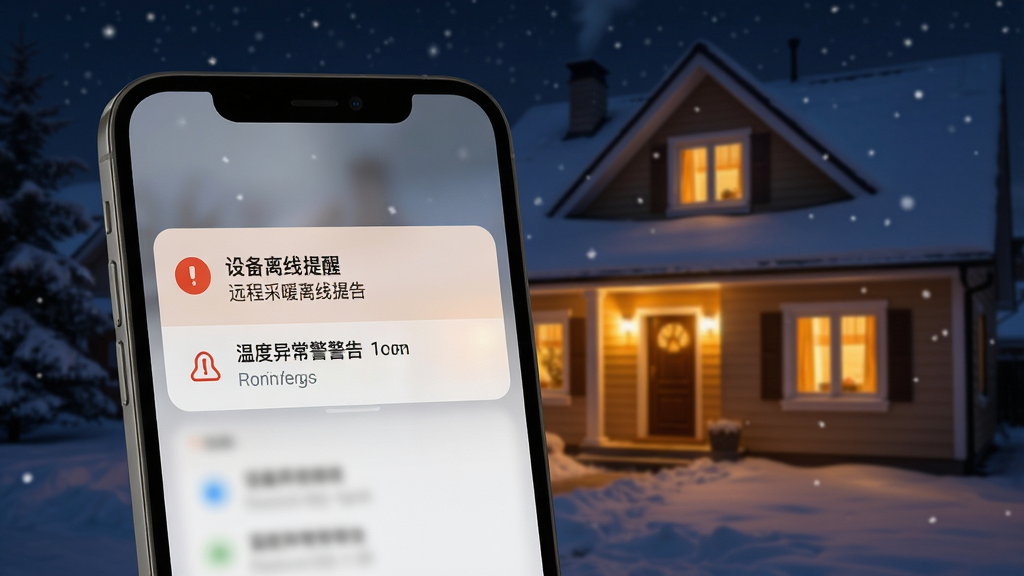 远程采暖报警提醒功能展示,手机屏幕弹出报警通知卡片,显示设备离线提醒和温度异常警告,背景是冬季夜晚的房屋外景,窗户透出暖光,整体布局突出通知内容,风格温馨科技感,细节清晰,画质高清,干净无多余元素