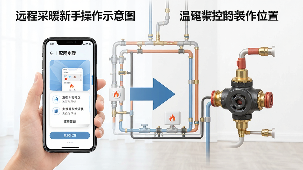远程采暖新手操作示意图,画面分为左右两部分,左侧展示手机配网步骤,右侧展示温控阀门安装位置,中间有箭头连接,背景是家庭供暖系统简图,整体布局对比清晰,风格说明性插图,细节丰富,画质高清,干净无多余元素