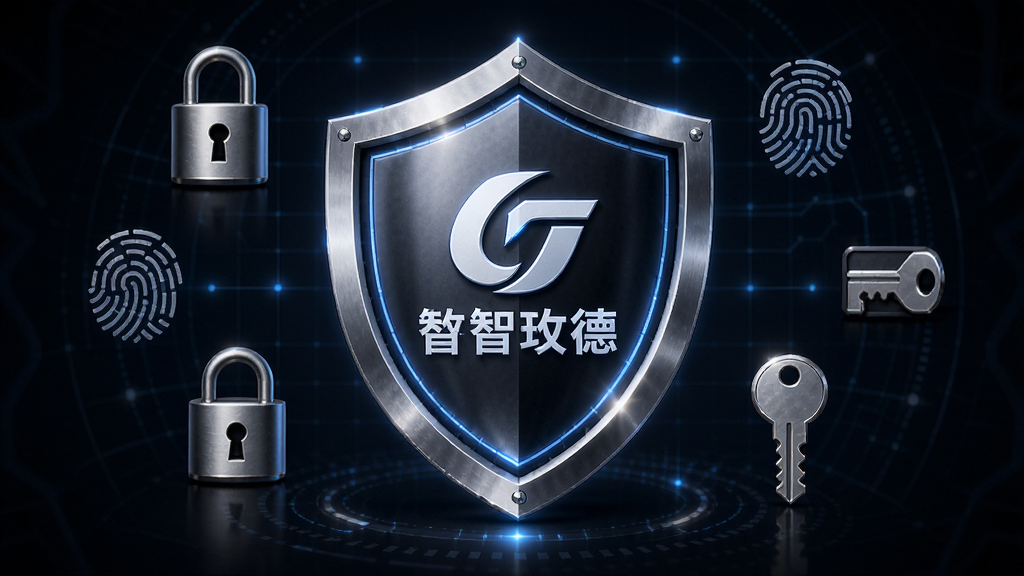 数智玫德安全防护概念图,主体是一个发光的盾牌图标,盾牌中心带有数智玫德的LOGO,周围环绕着锁、指纹、密钥等安全元素。布局采用居中环绕式,排版稳重。风格为科技安全风,细节上强调光影的金属质感和网格线的科技感,背景为深色,画质清晰,干净,无多余元素。