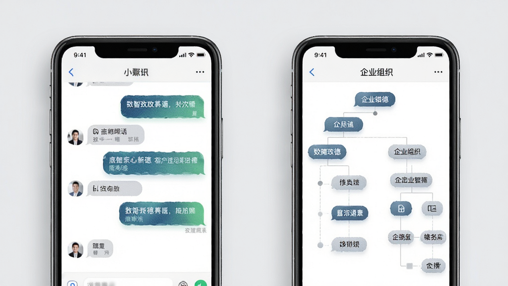 数智玫德即时通讯界面展示,画面由两部手机组成,一部显示聊天对话框,另一部显示企业组织架构树状图。布局采用左右对称,排版整洁。风格为现代简约商务风,细节上突出聊天气泡的质感和组织架构的层级感,背景为淡灰色,画质清晰,干净,无多余元素。