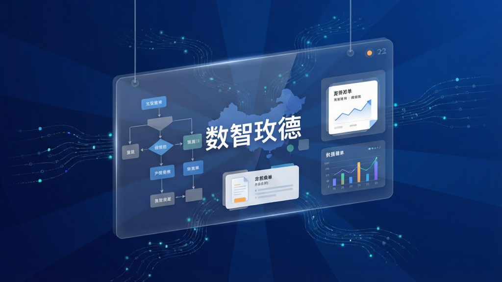 数智玫德一体化协同办公功能展示图,主体是一个悬浮在空中的透明数据面板,面板上显示着“数智玫德”字样以及流程图、审批单、数据图表等元素。布局采用中心放射状,排版清晰明了。风格为扁平化科技风,细节上体现数据流动的线条感,背景为深蓝色渐变,画质高清,干净,无多余元素。