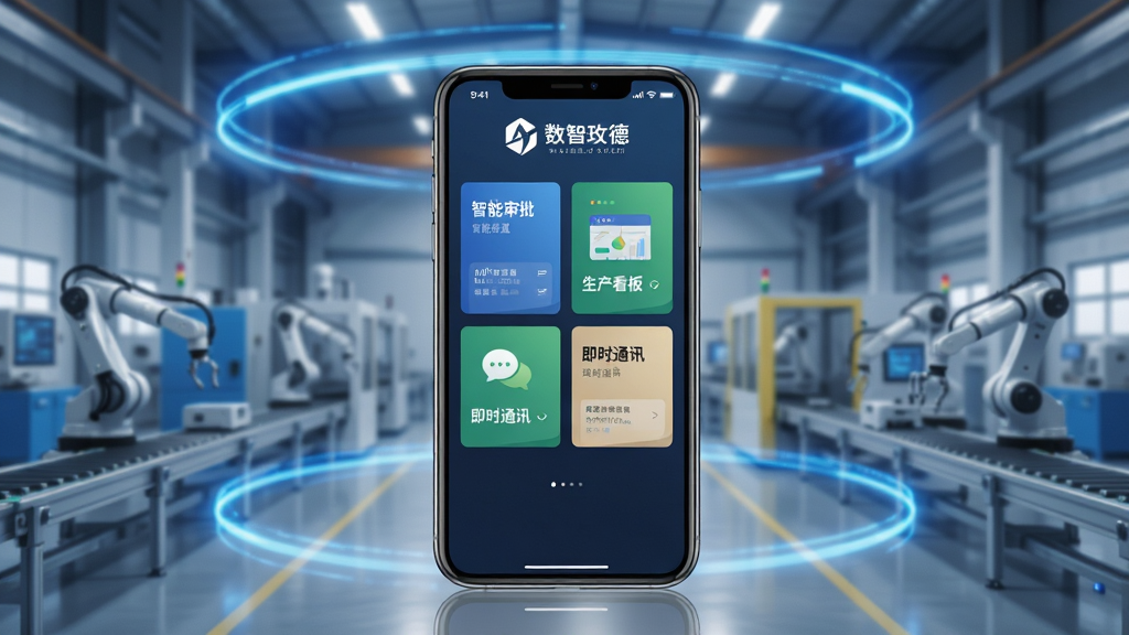 数智玫德移动办公应用主界面展示,画面中央是一台智能手机,屏幕上显示着数智玫德的LOGO和功能卡片式布局,包含“智能审批”、“生产看板”、“即时通讯”等模块。背景为现代化的玫德智能工厂车间,蓝色科技光效环绕,布局采用居中构图,风格偏向商务科技感,细节上强调手机屏幕的高清质感和工厂实景的虚实结合,画质清晰,干净,无多余元素。