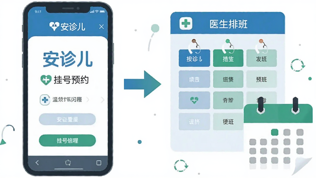 一张扁平化风格插图,画面左侧是一台手机,屏幕上显示“安诊儿”的挂号预约页面,右侧是医生排班表与日历图标,中间用箭头连接表示预约流程,背景为白色,配色以蓝色和绿色为主,整体布局简洁明了,采用矢量插画风格,细节精致,画质清晰,干净无多余元素