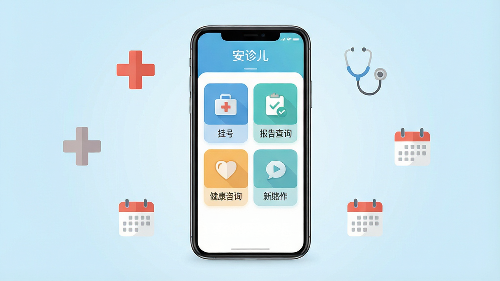 一张手机应用界面展示图,画面中央是一部智能手机,手机屏幕上显示“安诊儿”APP的首页界面,包含挂号、报告查询、健康咨询等功能模块图标,背景为干净的浅蓝色渐变,手机周围环绕着医疗十字、听诊器、日历等简约图标,整体风格清新明亮,排版居中对称,采用扁平化UI设计风格,细节清晰,画质高清,干净整洁,无多余元素