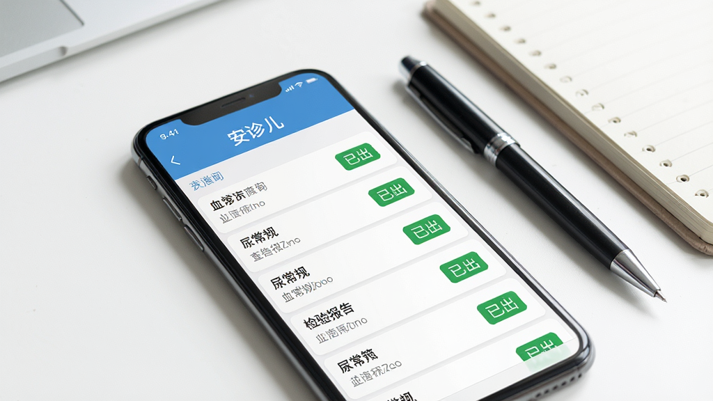 一张手机屏幕特写图,屏幕上显示“安诊儿”的报告查询界面,包含血常规、尿常规等检验报告列表,每条报告旁边有绿色“已出”标签,背景为干净的白色桌面,手机旁边放着一支笔和一本笔记本,整体风格写实,光线柔和,画质高清,干净整洁,无多余元素