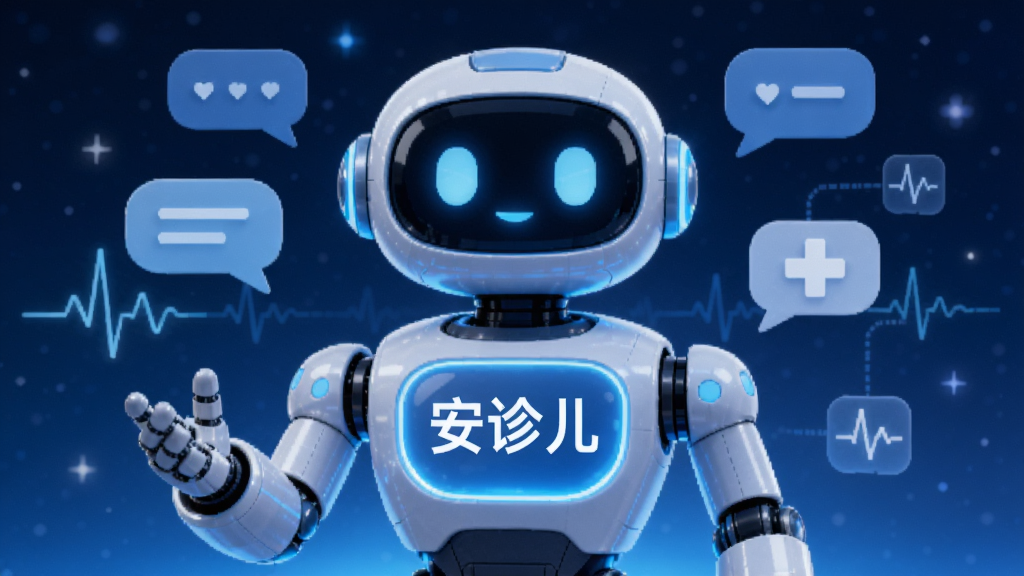 一张科技感插图,画面中央是一个发光的AI机器人形象,胸前印有“安诊儿”字样,机器人周围环绕着对话气泡、心电图线条和医疗十字图标,背景为深蓝色渐变星空,整体风格科技感十足,采用3D渲染风格,细节丰富,画质高清,干净无多余元素