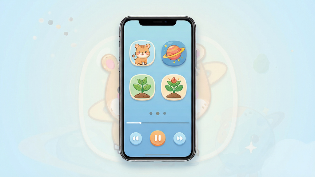 十万个为什么语音版应用主界面展示,画面中央放置一部智能手机,屏幕显示儿童百科音频播放界面,包含卡通动物、星球、植物等科普元素图标,背景为温暖的浅蓝色渐变,主体清晰突出,布局居中对称,排版简洁明快,风格为扁平化卡通插画,细节包含圆润的按钮、可爱的图标和柔和的阴影,画质高清,干净,无多余元素