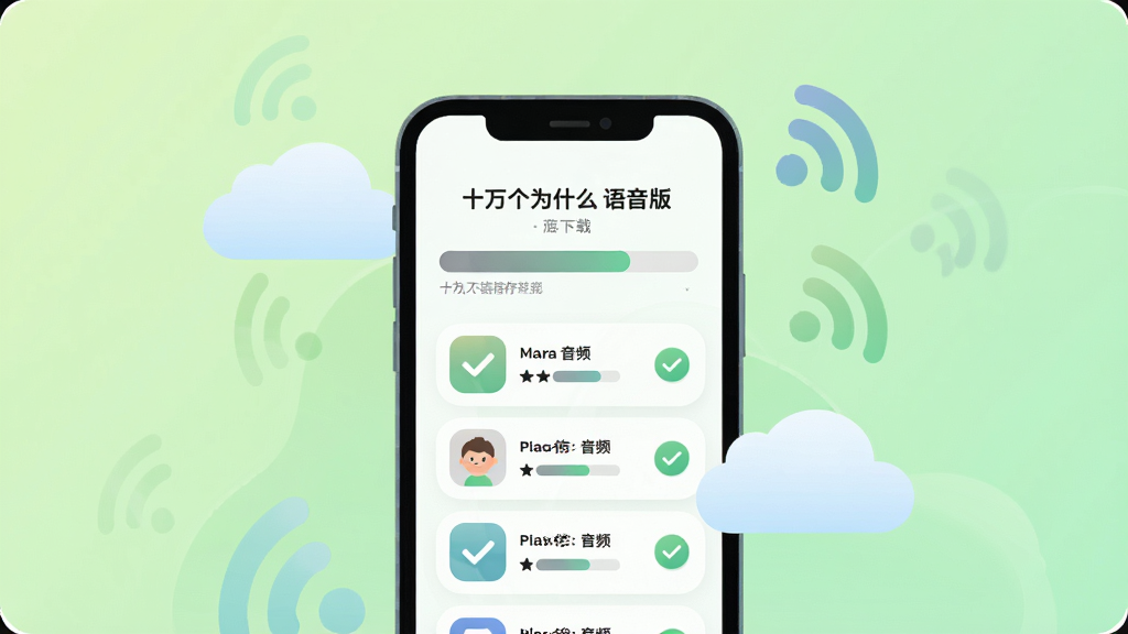 十万个为什么语音版离线缓存功能展示,画面中央放置一部手机,屏幕显示下载进度条和已缓存的音频列表,周围有云朵和信号图标表示离线状态,背景为浅绿色渐变,主体突出,布局清晰,排版直观,风格为简约扁平化插画,细节包含圆润的进度条、对勾图标和柔和的色彩过渡,画质高清,干净,无多余元素