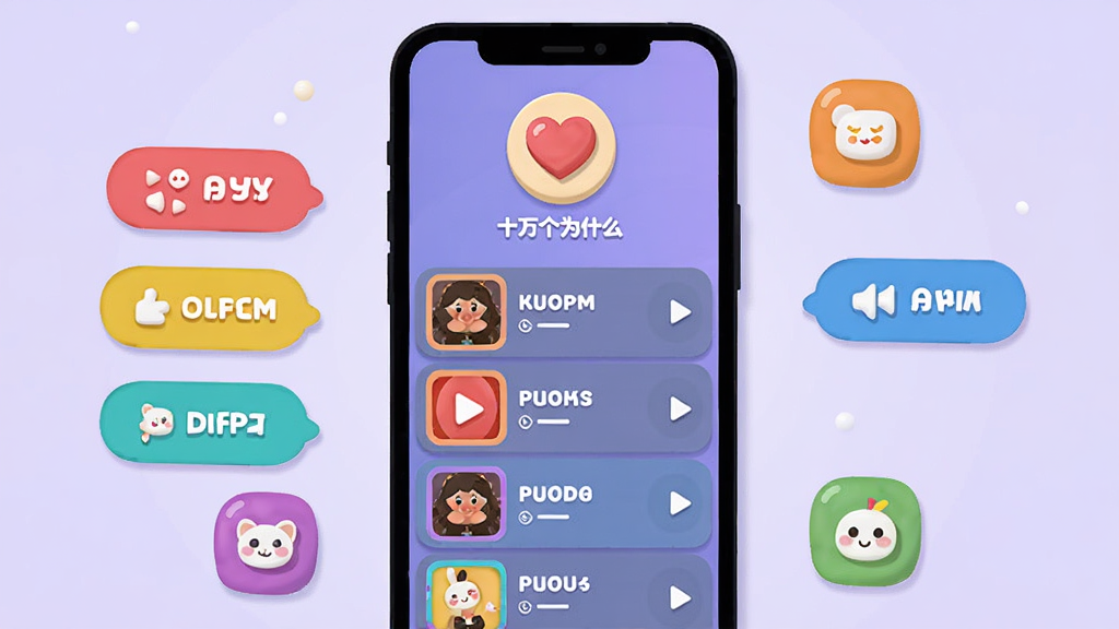 十万个为什么语音版收藏与播放列表界面,画面中央展示一部手机屏幕,屏幕上显示心形收藏图标和排列整齐的播放列表,周围有彩色的标签和分类图标,背景为浅紫色渐变,主体突出,布局清晰,排版活泼,风格为可爱扁平化插画,细节包含圆润的按钮、鲜艳的色彩和精致的图标设计,画质高清,干净,无多余元素