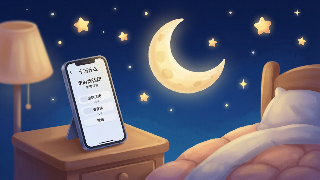 十万个为什么语音版睡眠模式界面,画面中央展示一个月亮和星星点缀的夜空背景,一部手机放置在床头柜上,屏幕显示定时关闭设置界面,背景为深蓝色夜空,主体突出,布局温馨,排版简洁,风格为梦幻卡通插画,细节包含柔和的月光、闪烁的星星和舒适的床铺,画质高清,干净,无多余元素