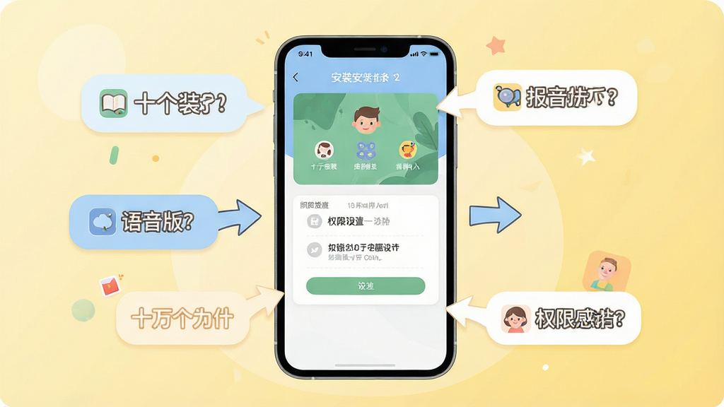 十万个为什么语音版新手操作指引图,画面中央展示一部手机屏幕,屏幕上显示安装步骤和权限设置界面,周围有箭头引导和提示气泡,背景为浅黄色渐变,主体突出,布局清晰,排版直观,风格为扁平化信息图插画,细节包含圆角图标、简洁的文字标签和柔和的色彩,画质高清,干净,无多余元素