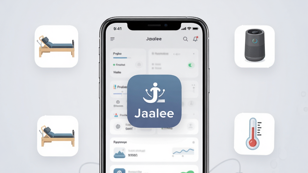 一张展示Jaalee应用程序主界面的手机屏幕截图,画面中心是一部现代智能手机,屏幕上清晰显示着“Jaalee”应用图标和简洁的设备管理仪表盘界面,背景是柔和的浅灰色渐变,周围漂浮着普拉提床、智能音响和温度计的小图标,风格为扁平化UI设计,细节丰富,画质干净,无多余元素