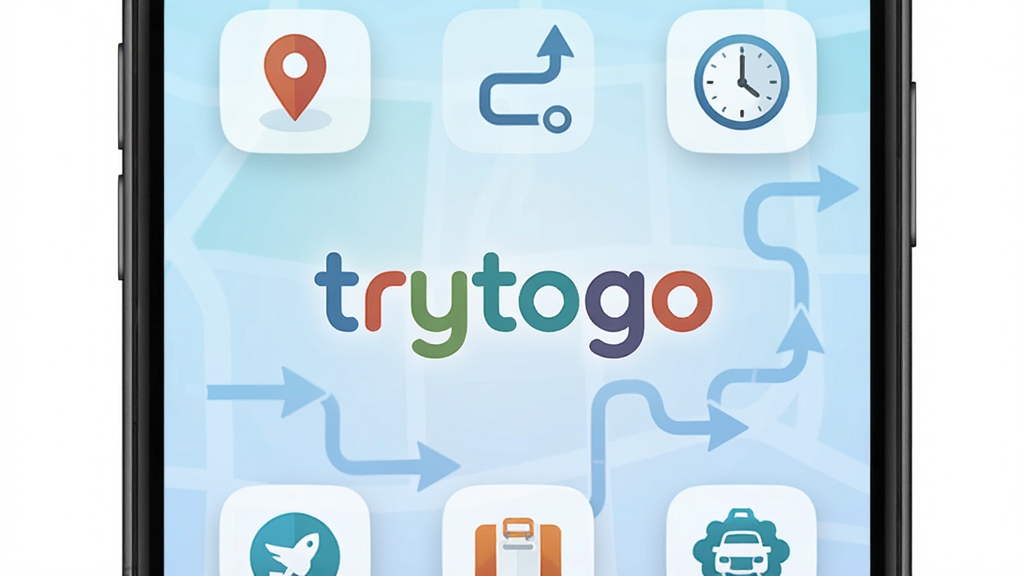 一张展示trytogo软件主界面的手机屏幕截图,画面中央是软件名称“trytogo”的彩色Logo,背景为浅蓝色渐变,周围环绕着地图定位图标、路线箭头、时钟等出行元素,布局简洁,排版清晰,风格现代科技感,细节包括圆角图标和柔和的阴影效果,画质高清,干净,无多余元素