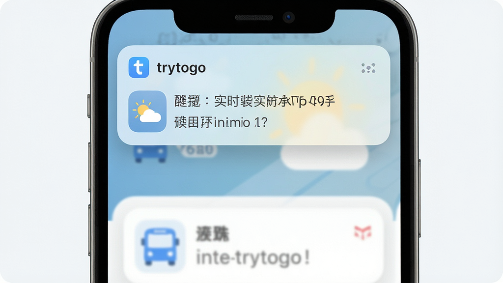 一张展示trytogo实时信息推送功能的手机界面,画面中手机屏幕顶部弹出通知卡片,显示天气图标和交通提醒文字,软件名称“trytogo”出现在通知来源处,布局为居中展示,排版简洁,风格为现代简约,细节包括圆角卡片、柔和配色、清晰文字,画质高清,干净,无多余元素