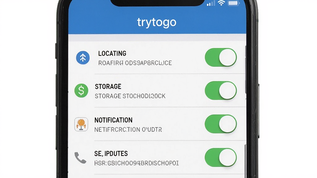 一张展示trytogo在手机端运行时的权限设置界面截图,画面中手机屏幕显示定位、存储、通知等权限开关,软件名称“trytogo”显示在权限管理页面顶部,布局为列表式,排版清晰,风格为系统原生设计,细节包括权限图标、开关状态、说明文字,画质高清,干净,无多余元素