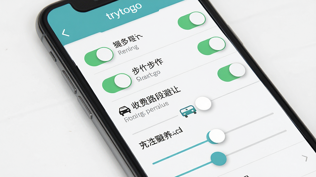 一张展示trytogo个性化偏好设置页面的手机截图,画面中手机屏幕显示多个选项开关和滑块,包括步行偏好、收费路段避让等设置项,软件名称“trytogo”显示在页面顶部,布局为列表式,排版清晰,风格为浅色极简,细节包括开关按钮、图标说明、灰色分隔线,画质高清,干净,无多余元素