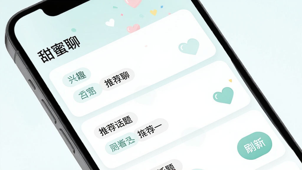 甜蜜聊 话题推荐界面 主体是手机屏幕 布局为列表式卡片 上方标题
