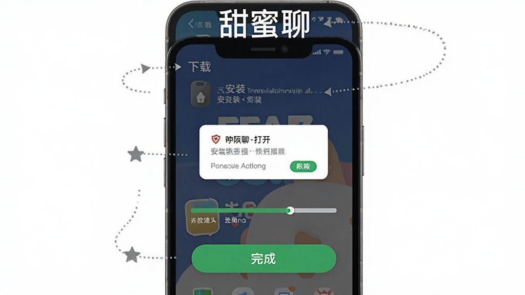 甜蜜聊 安装步骤示意图 主体是手机屏幕 布局从上到下依次为下载、安装、打开 上方标注