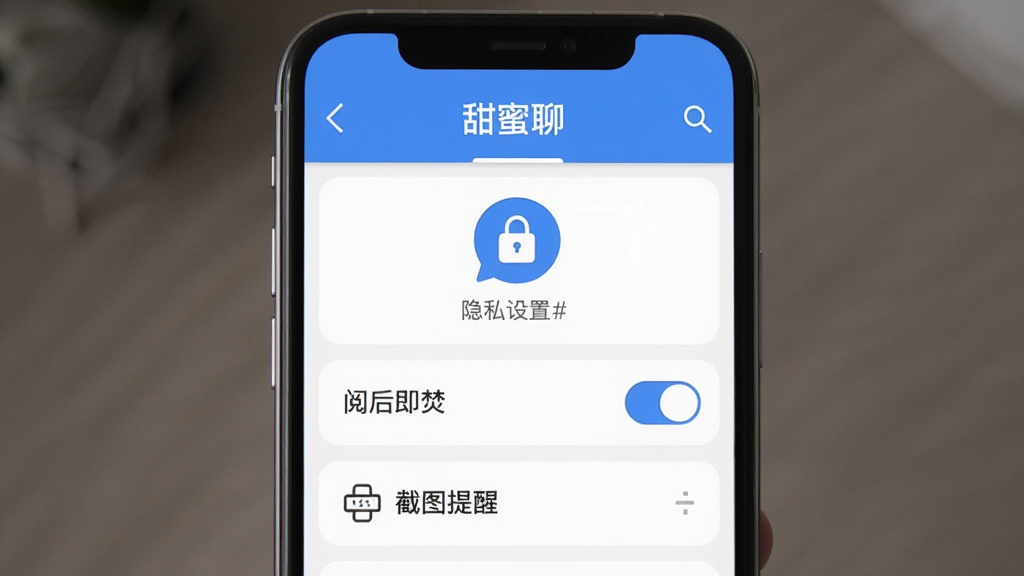 甜蜜聊 隐私设置页面 主体是手机界面 布局为纵向选项列表 上方显示软件名