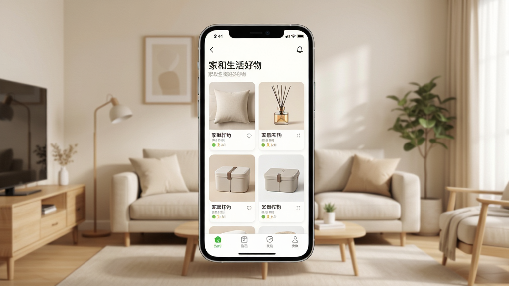 手机屏幕中展示一个温馨整洁的现代客厅场景,画面中央悬浮着一款名为
