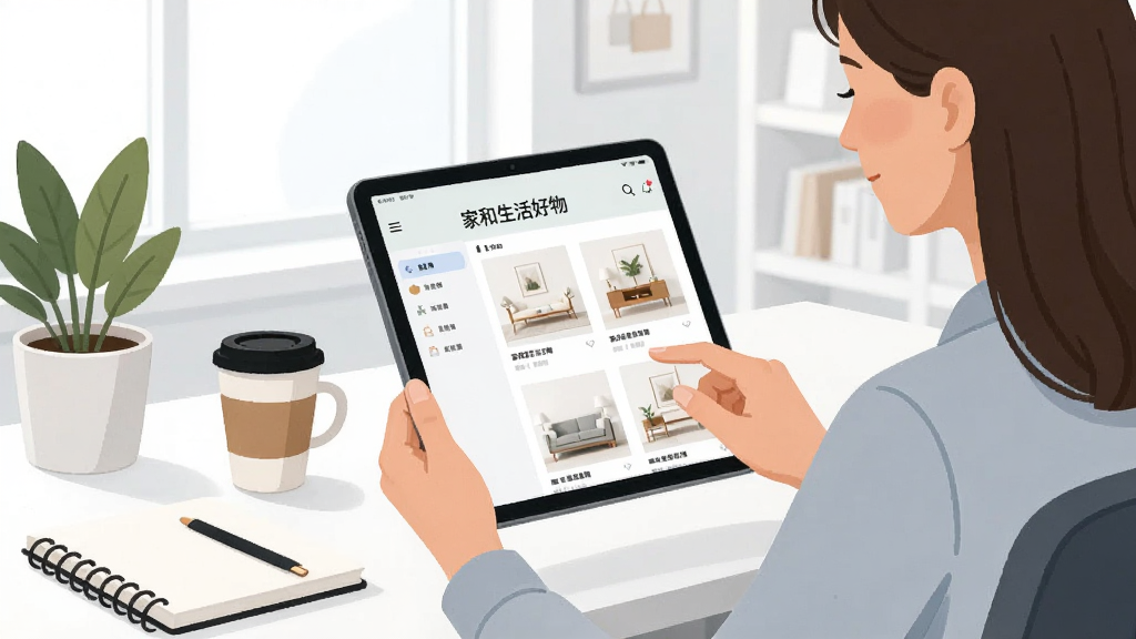 一位买手正在明亮的办公室内用平板电脑浏览家居商品列表,屏幕上显示