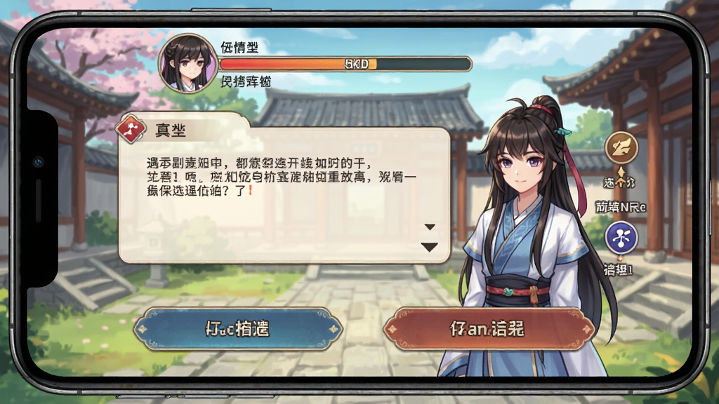 遇次元多线剧情选择界面,画面为手机屏幕显示对话场景与两个选项按钮,背景为古风庭院插画,屏幕上方显示角色好感度进度条,风格为二次元视觉小说风格,细节包含对话框、角色半身立绘、分支路线图标,画质高清,干净,无多余元素