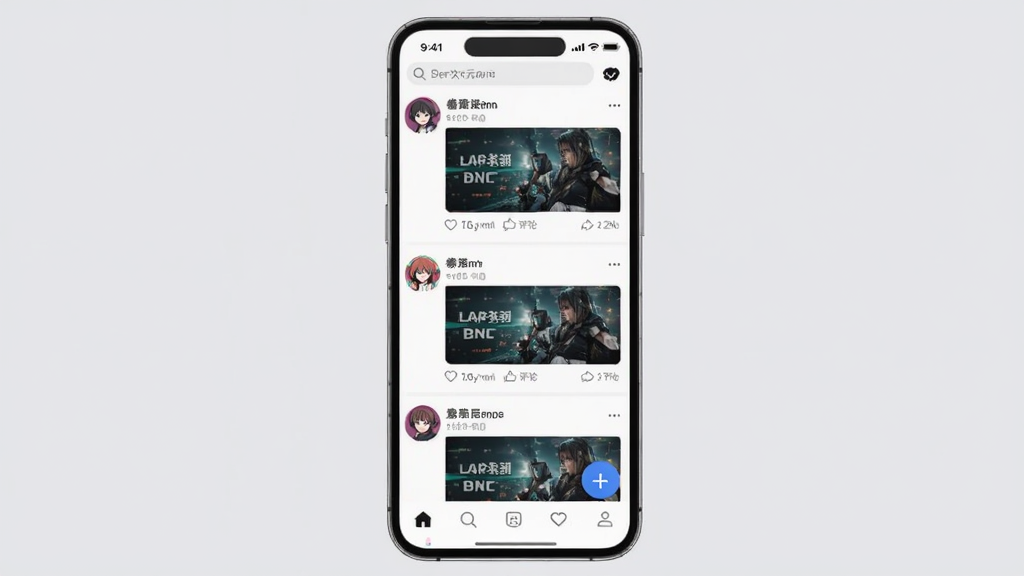 遇次元社区页面展示,画面为手机屏幕呈现信息流列表,每条动态包含角色头像、剧情封面、点赞评论数,背景为浅灰色极简风格,风格为社交平台UI设计,细节包含顶部搜索栏、底部导航栏、悬浮发布按钮,画质高清,干净,无多余元素