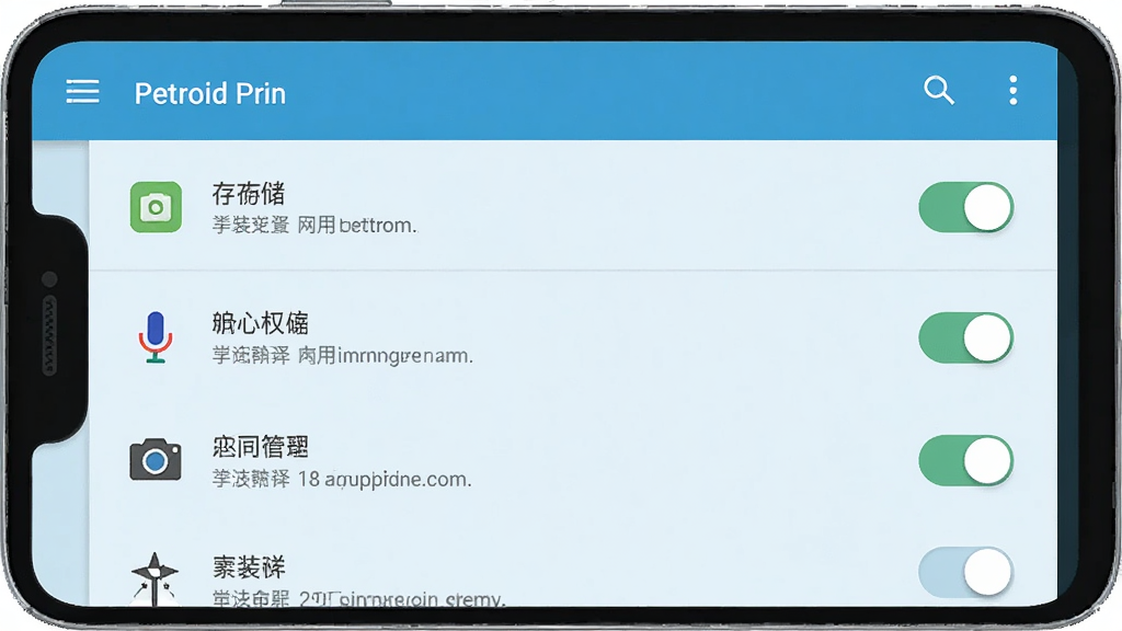 遇次元安卓手机安装权限设置界面,画面为手机屏幕显示应用权限管理列表,包含存储、麦克风、相机等开关按钮,背景为浅蓝色系统设置风格,风格为扁平化UI示意图,细节包含权限图标、开关状态、提示文字,画质清晰,干净,无多余元素